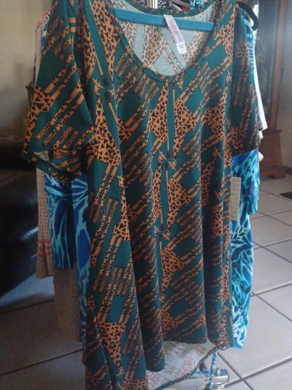 LuLaRoe Teal and Mustard Geometric Tunic